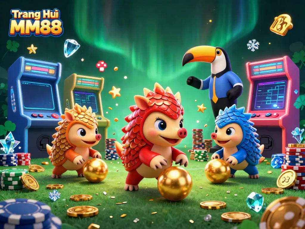 Rival pangolins competing in golden ball bowling at Trang Chủ MM88 with vibrant casino elements.