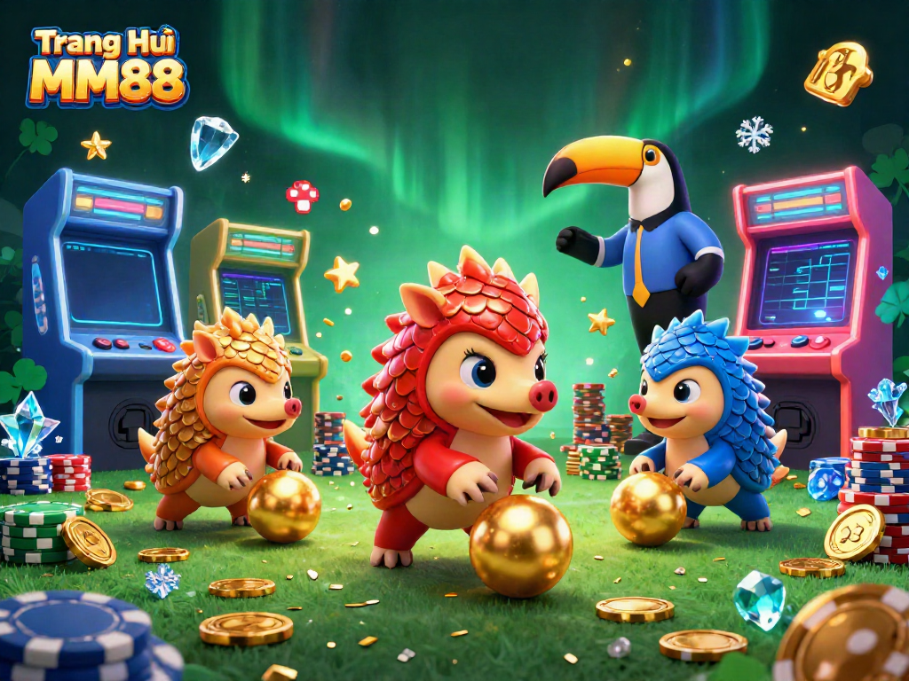 Rival pangolins competing in golden ball bowling at Trang Chủ MM88 with vibrant casino elements.