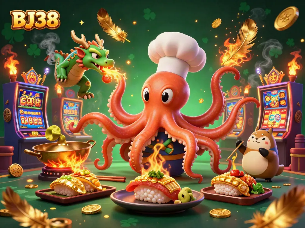 Experience the thrill with BJ38 at vibrant casino atmosphere featuring a sushi chef octopus and dragon.