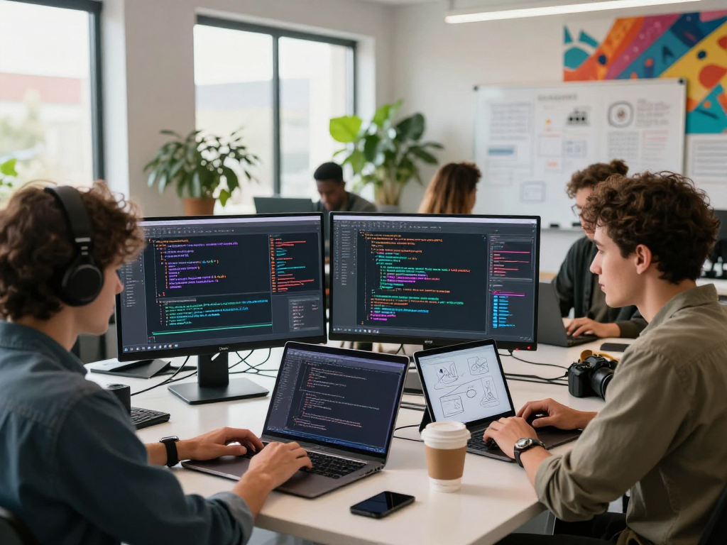 A diverse team brainstorming nsfw ai applications in a modern workspace filled with tech, coffee, and creative energy.