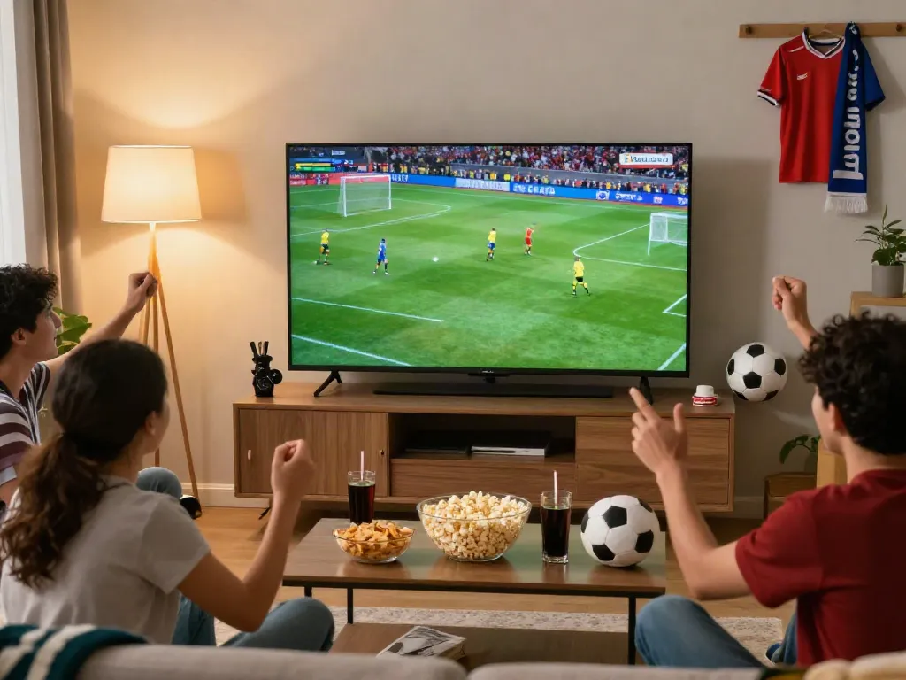 Friends enjoying a football match on Thapcamtv in a cozy living room setting.