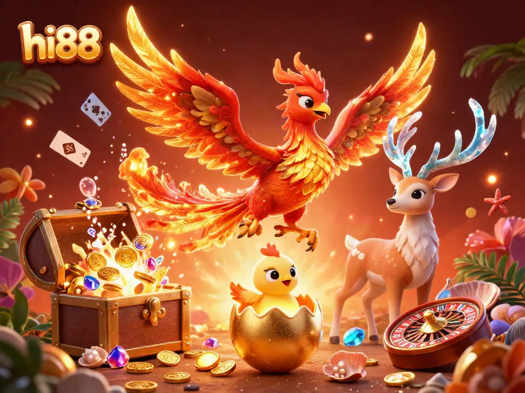 Engage in winning at the hi88 online casino with a vibrant 3D phoenix scene.