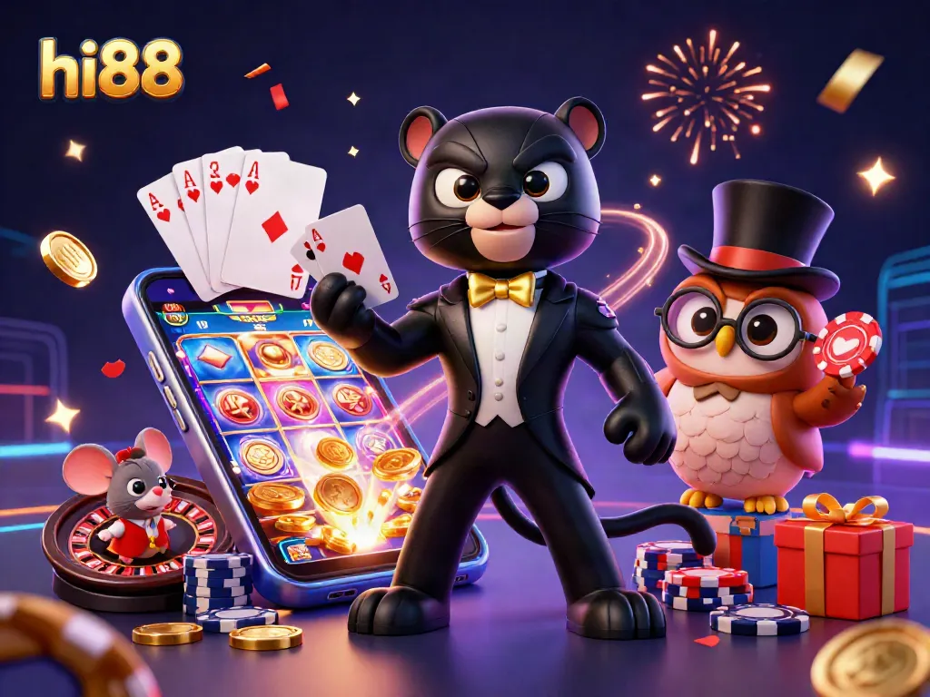 hi88 showcases a vibrant 3D casino scene with a stylish black panther dealing cards and fun gaming elements.