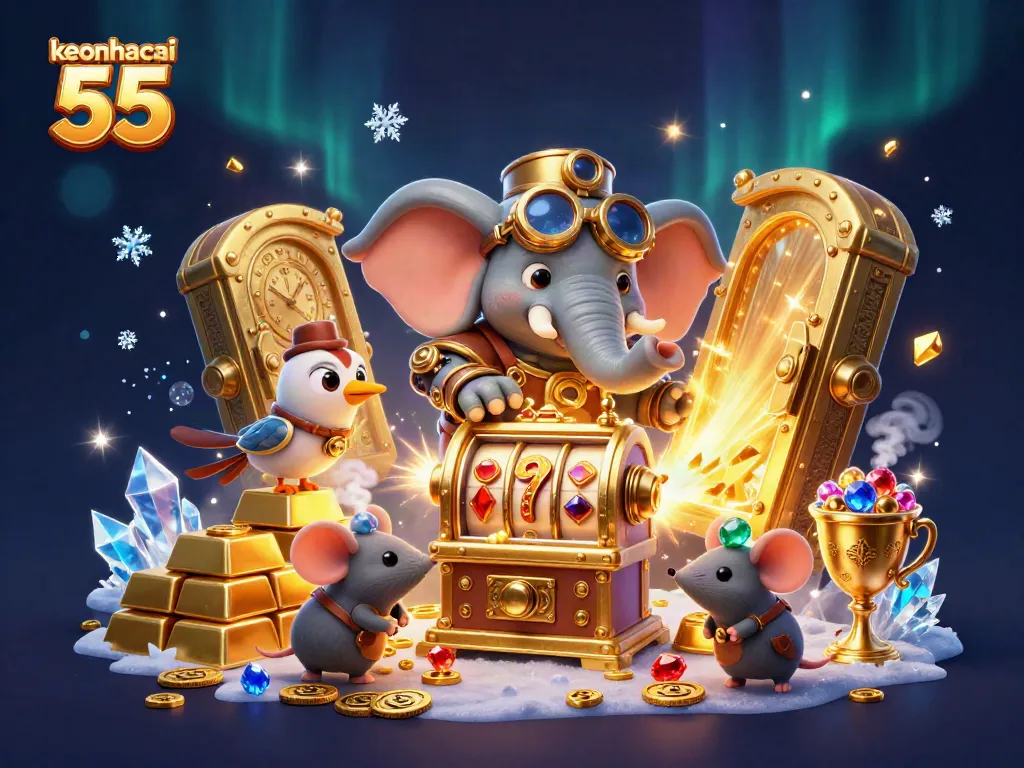 Win big at keonhacai 55 with an adventurous gaming scene featuring steampunk characters and slot machines.