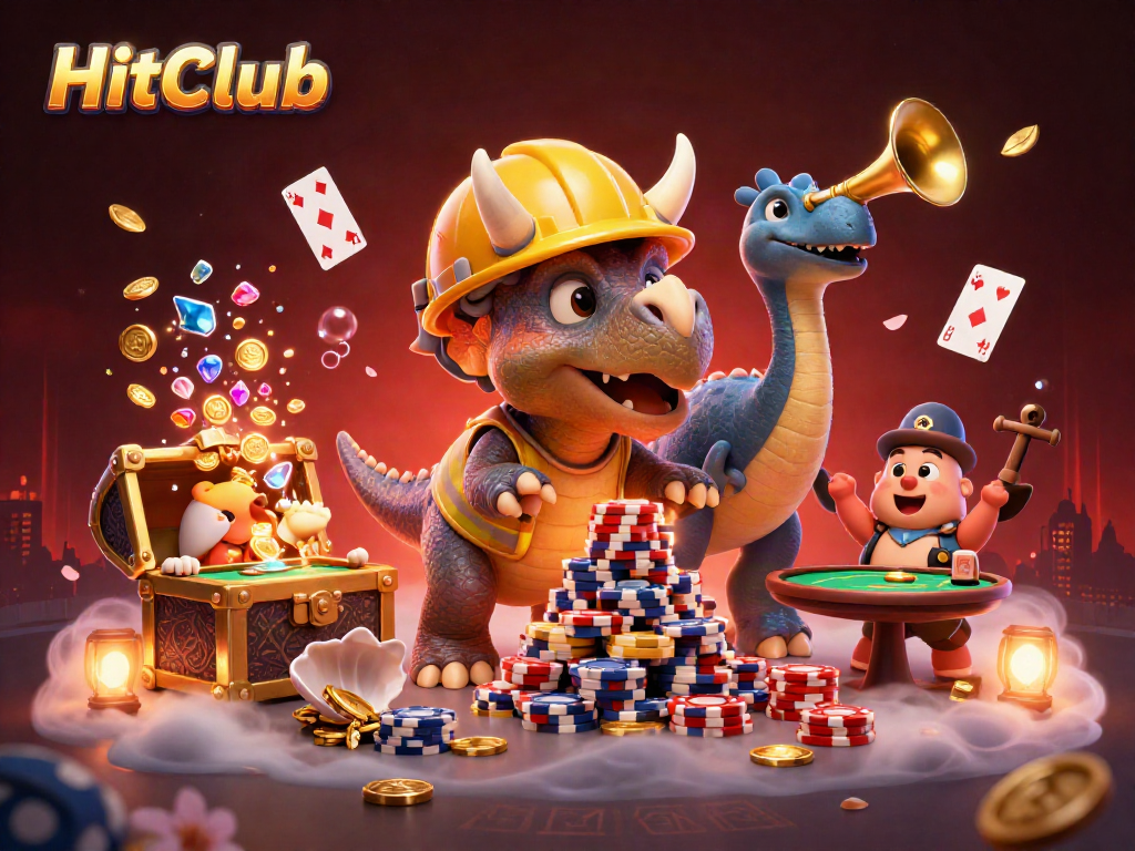 Join the excitement at HitClub as a triceratops builds a poker chip tower amidst underwater treasures!