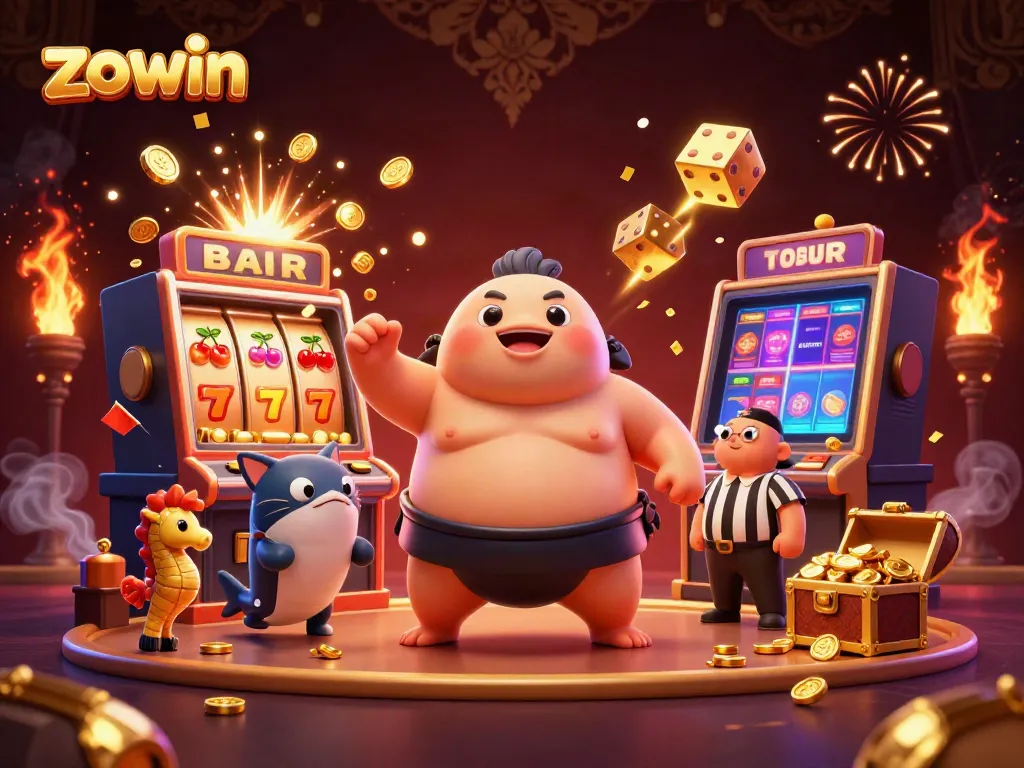 Zowin's exciting casino adventure with a fugu referee and seahorse spectators, surrounded by slot machine explosions.
