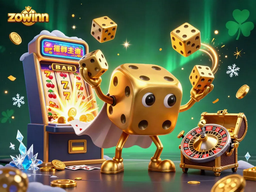 Zowinn players rolling golden dice and winning big, surrounded by colorful casino elements and a vibrant jackpot.