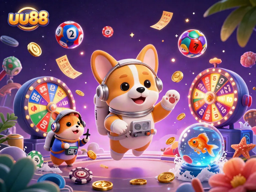 Engage with uu88's exciting space casino adventure featuring a playful corgi and thrilling games.
