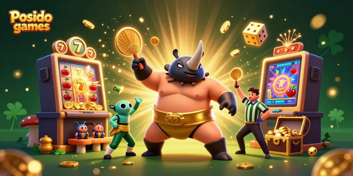 Experience excitement in Posido games with a cartoon beetle champion and a vibrant casino scene.