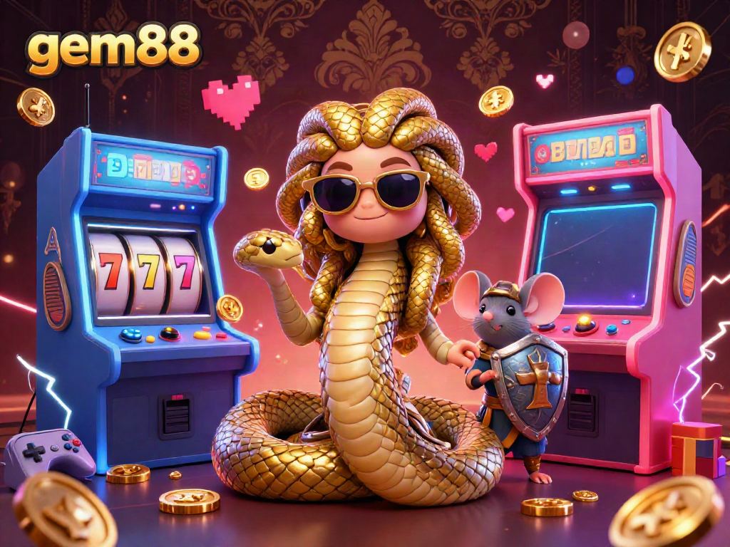 Experience the thrill of gem88 in this vibrant, 3D casino scene featuring Medusa and game elements.