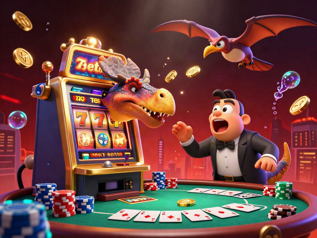 Experience the excitement of Bet88 with a pachycephalosaurus triggering a jackpot, surrounded by casino chaos.