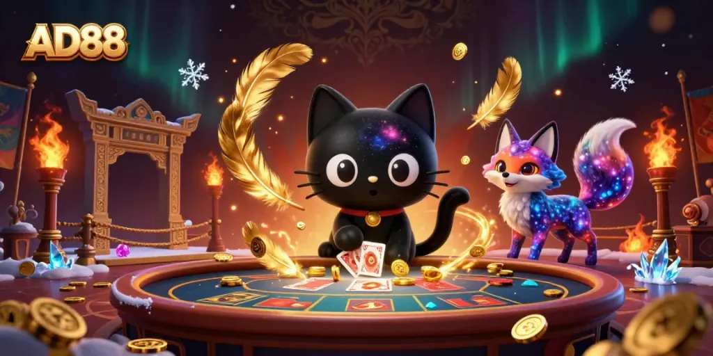 AD88 gaming cat and fox in a vibrant cosmic casino scene, pulling in chips and cards.