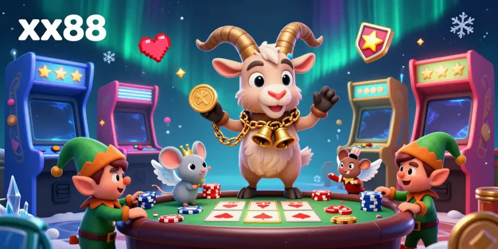 Engage with the thrilling gambling atmosphere at xx88 featuring characters in a lively casino.