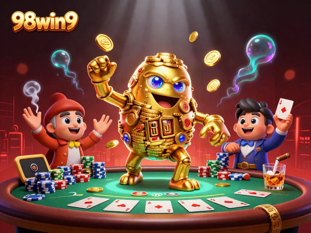 Engage in thrilling games with 98win9 featuring a vibrant 3D illustration of a golden golem and poker setup.