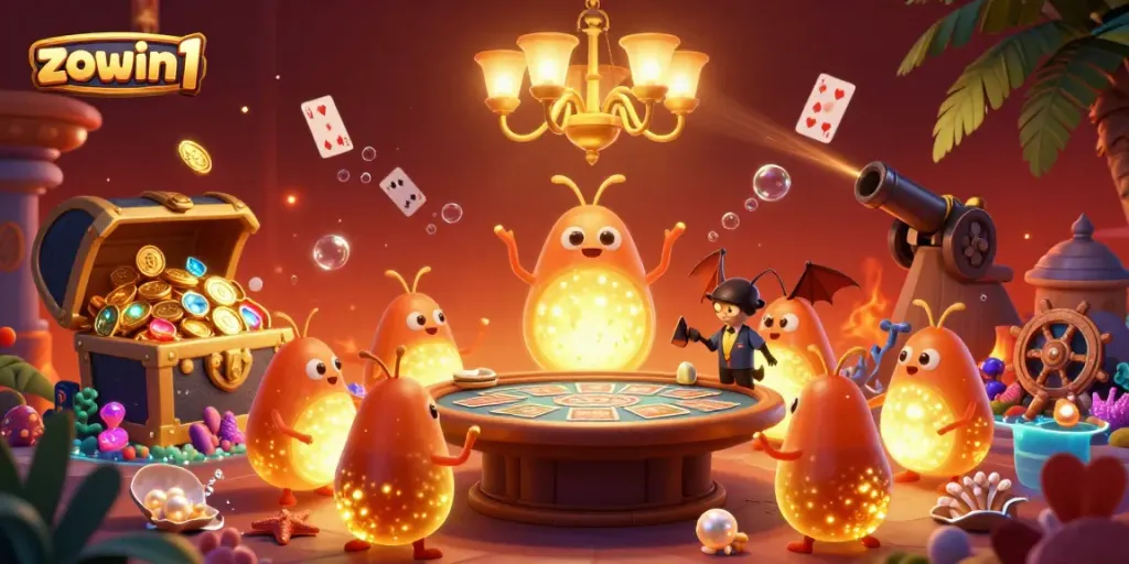 Experience the vibrant atmosphere of zowin1 with glowing creatures lighting a lively casino scene.