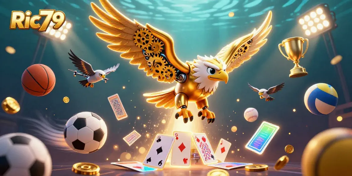 Ric79 showcases dynamic gaming excitement with a golden eagle diving through holographic cards.
