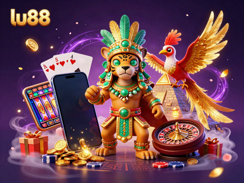 A captivating gaming scene showcasing lu88 elements with a Mayan jaguar priest, colorful slot game, and golden coins in action.
