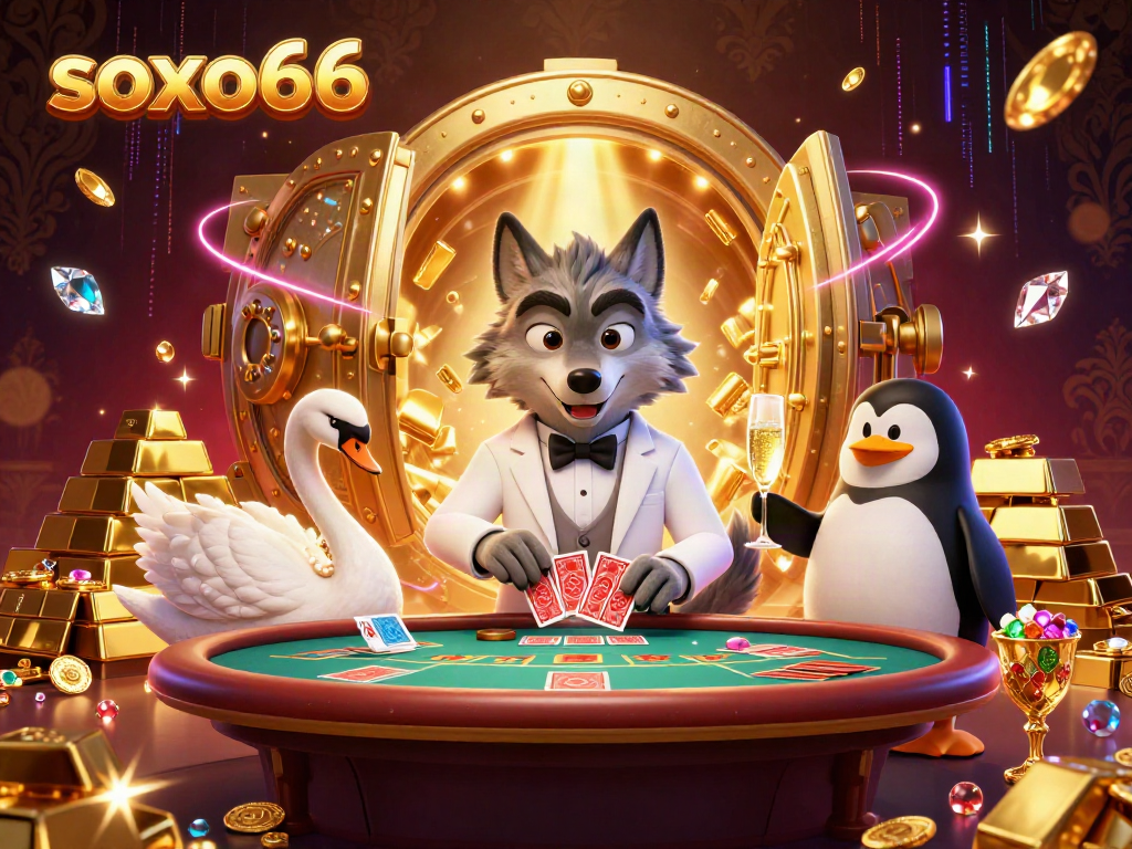 Engage in thrilling baccarat as the soxo66 wolf, swan, and penguin celebrate wins in luxurious casino glamour.