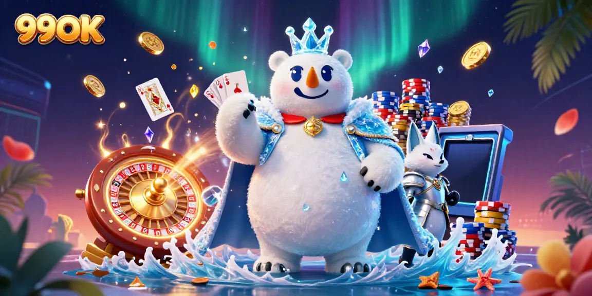 Engage with 99OK's vibrant gambling scene featuring icy royalty, gold coins, and exhilarating casino elements.