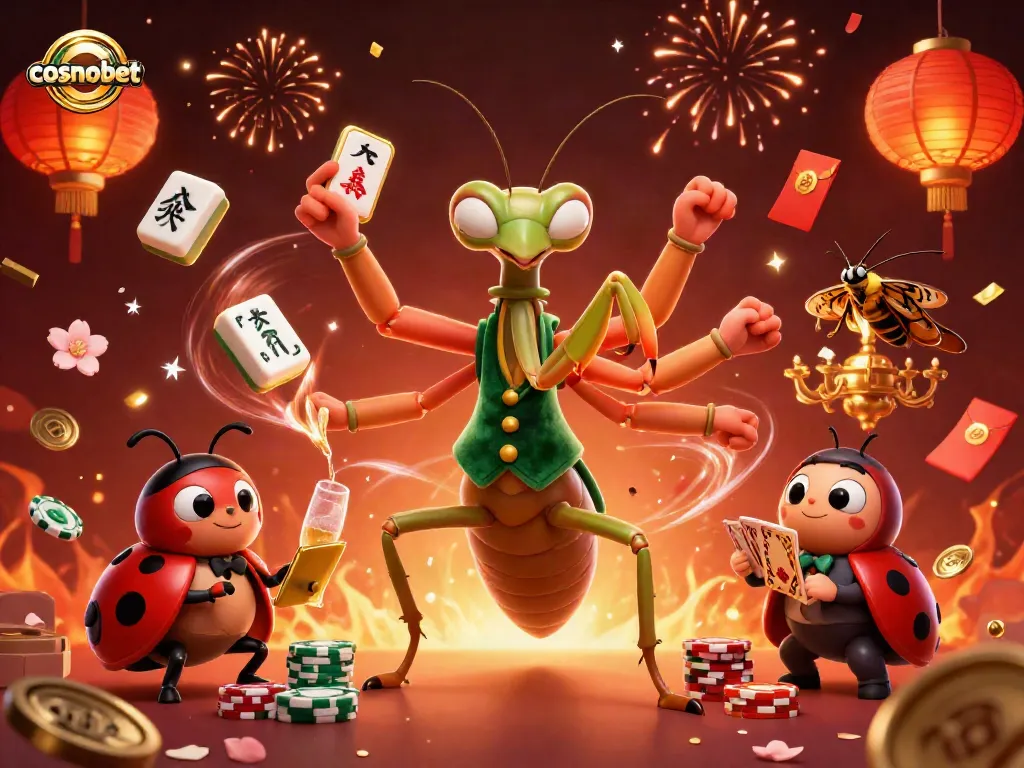 Engage with Cosmobet's vibrant online casino scene featuring card games, celebrations, and dynamic characters.