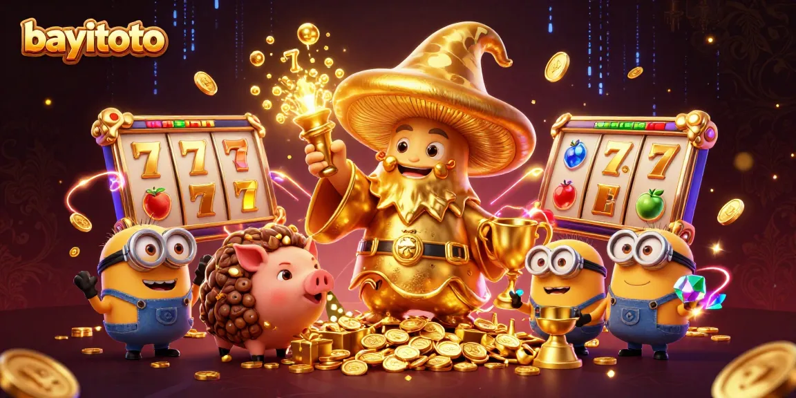 Experience the thrill of bayitoto with an energetic scene showcasing a golden mushroom wizard among slot game elements.