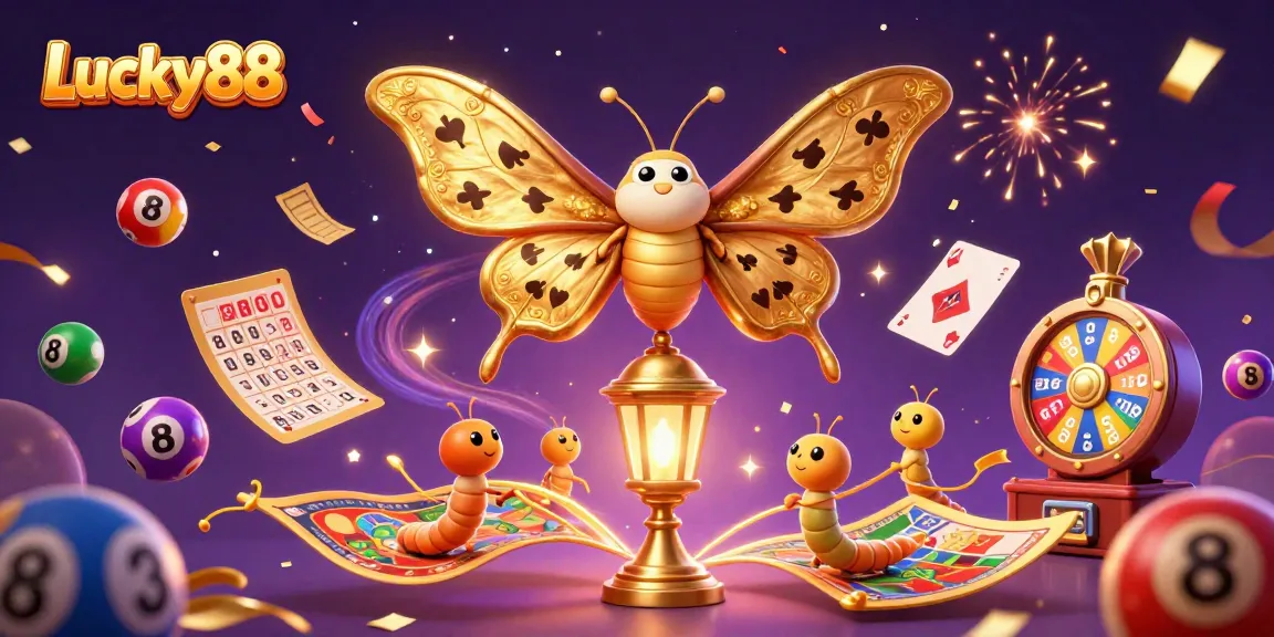 Engage in vibrant gaming action with Lucky88 as lottery elements and a cartoon moth illuminate the casino scene.