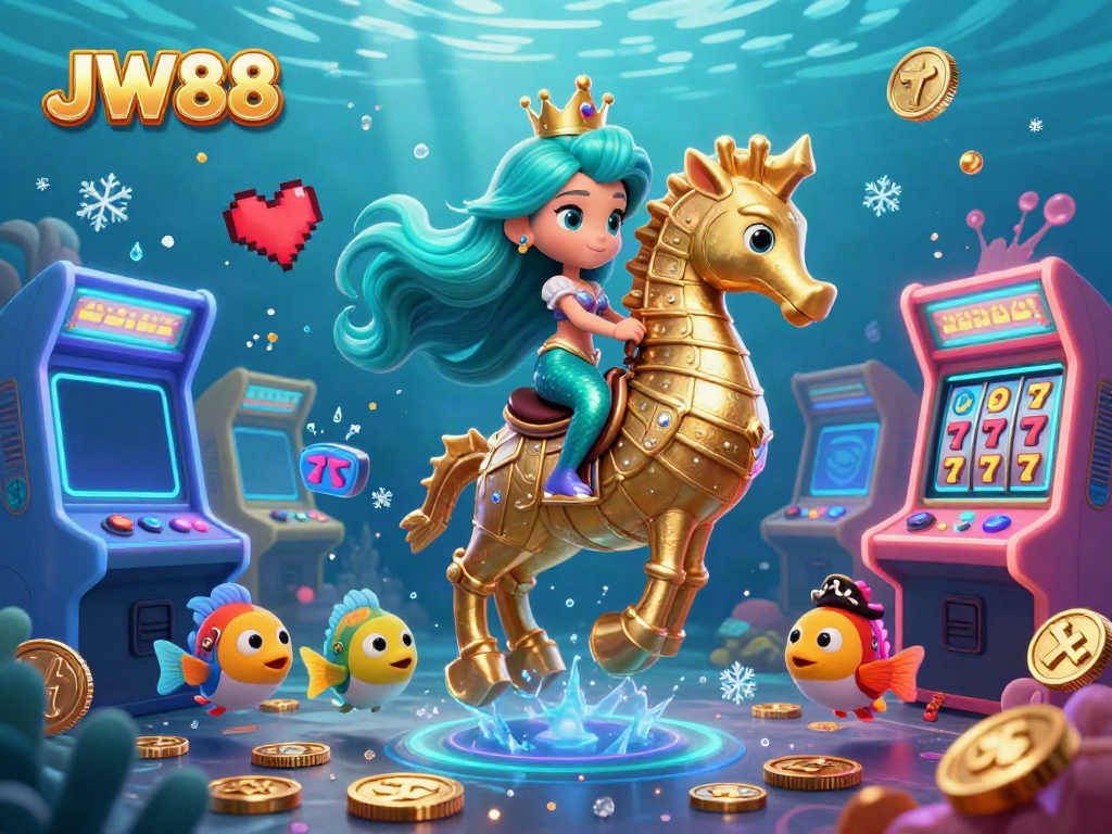 Engage with the vibrant JW88 casino scene featuring a mermaid princess and playful fish, symbolizing gaming excitement.