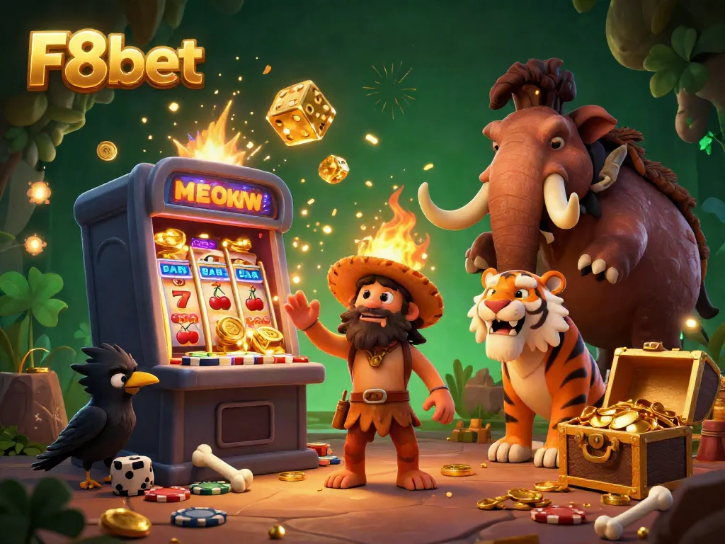 Experience the vibrant gaming world of F8bet with caveman and tiger in a prehistoric casino.