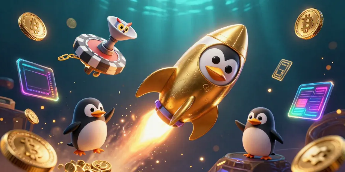 SIN88 immersive casino experience with a golden penguin and crypto elements in a 3D illustration.