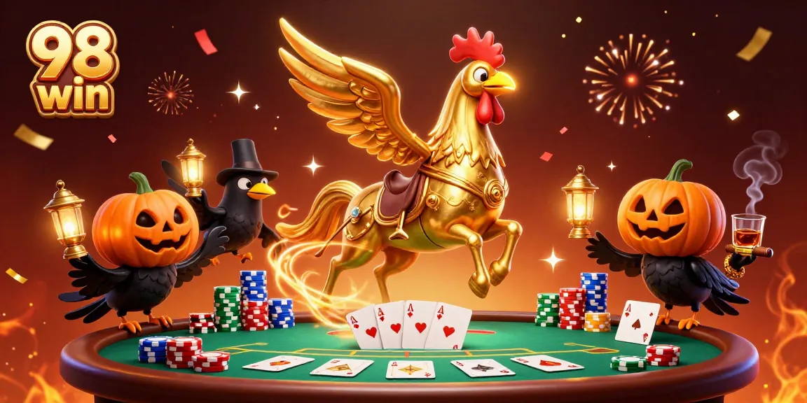 Experience the thrill of 98 win with a vibrant casino scene featuring a golden rooster and exciting games.