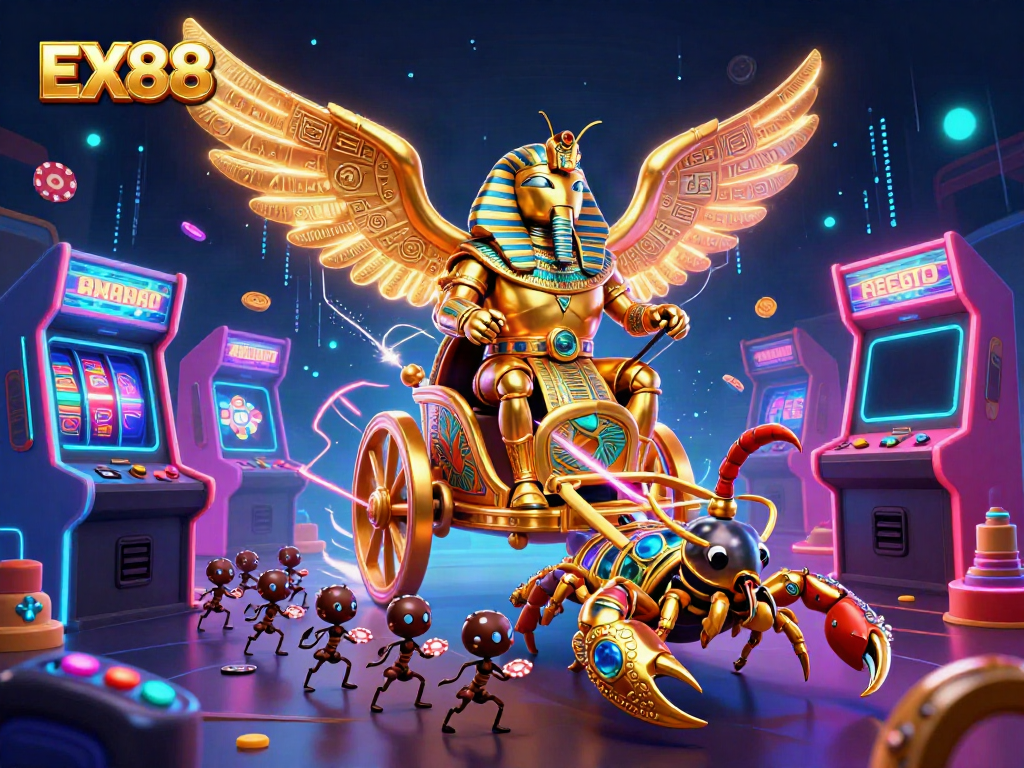 Spin and win with EX88 as a golden scarab and scorpions embrace casino elements in a vibrant scene.
