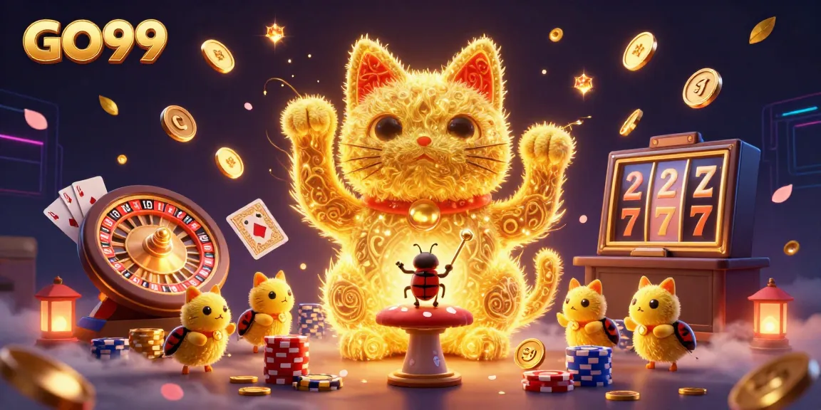 Engage with GO99 by enjoying the vibrant casino atmosphere filled with golden fireflies and lucky charms.