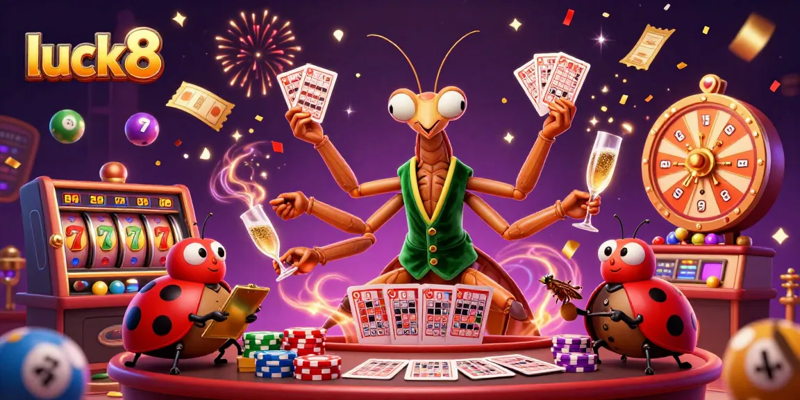 Experience thrilling luck8 slot adventures with a vibrant casino scene of lively characters and dynamic elements.