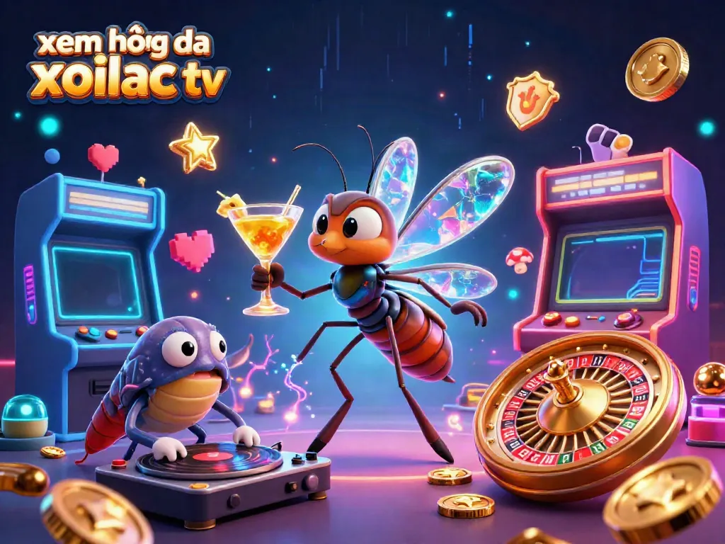 Experience xem bóng đá xoilac tv with dynamic 3D characters and vibrant gaming elements in a colorful casino scene.
