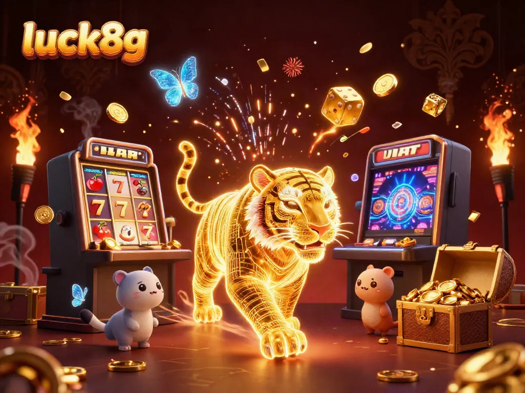 Engage with luck8g's dynamic casino world, showcasing a powerful tiger and celebratory jackpot elements.