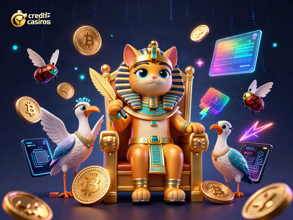 Engage with credit card casinos featuring a regal pharaoh cat and vibrant digital currency elements.