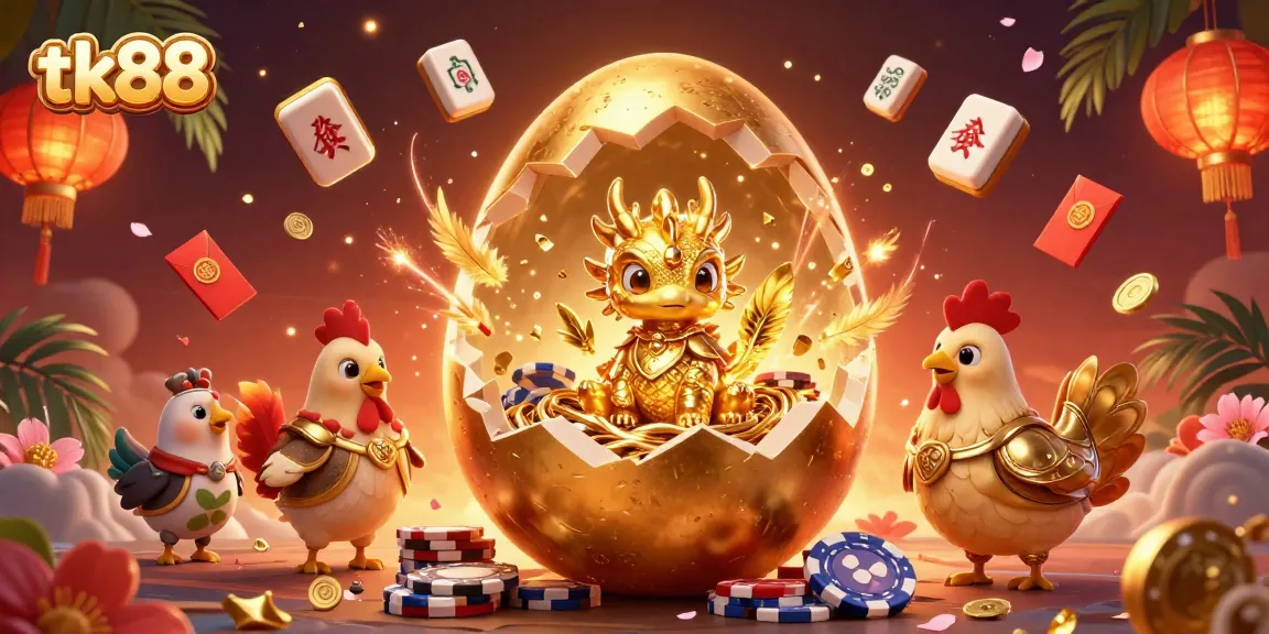 Experience thrilling action at tk88 with a dazzling 3D casino scene featuring a golden dragon, poker chips, and festive elements.