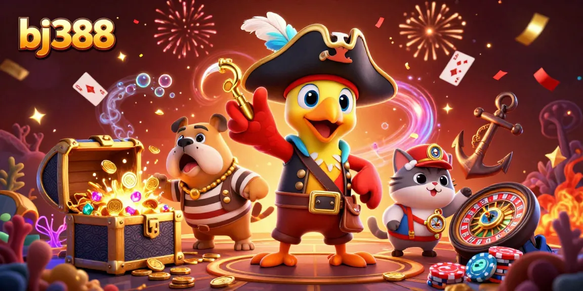 Experience thrilling action with bj388's 3D cartoon pirate characters amidst festive casino elements.