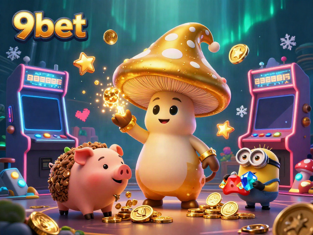 Experience thrilling gaming with 9bet's vibrant casino illustration featuring enchanted characters and colorful gaming machines.