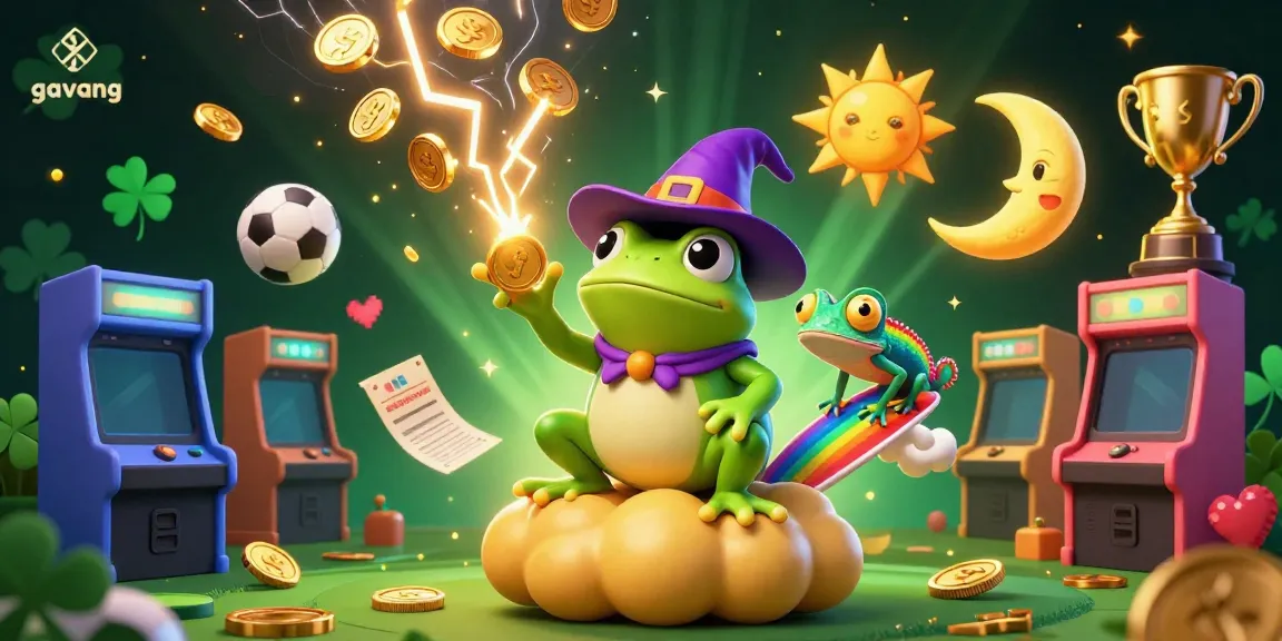 Experience the excitement of sports betting with Gavang's vibrant 3D illustration of a wizard frog amidst a gold coin storm.