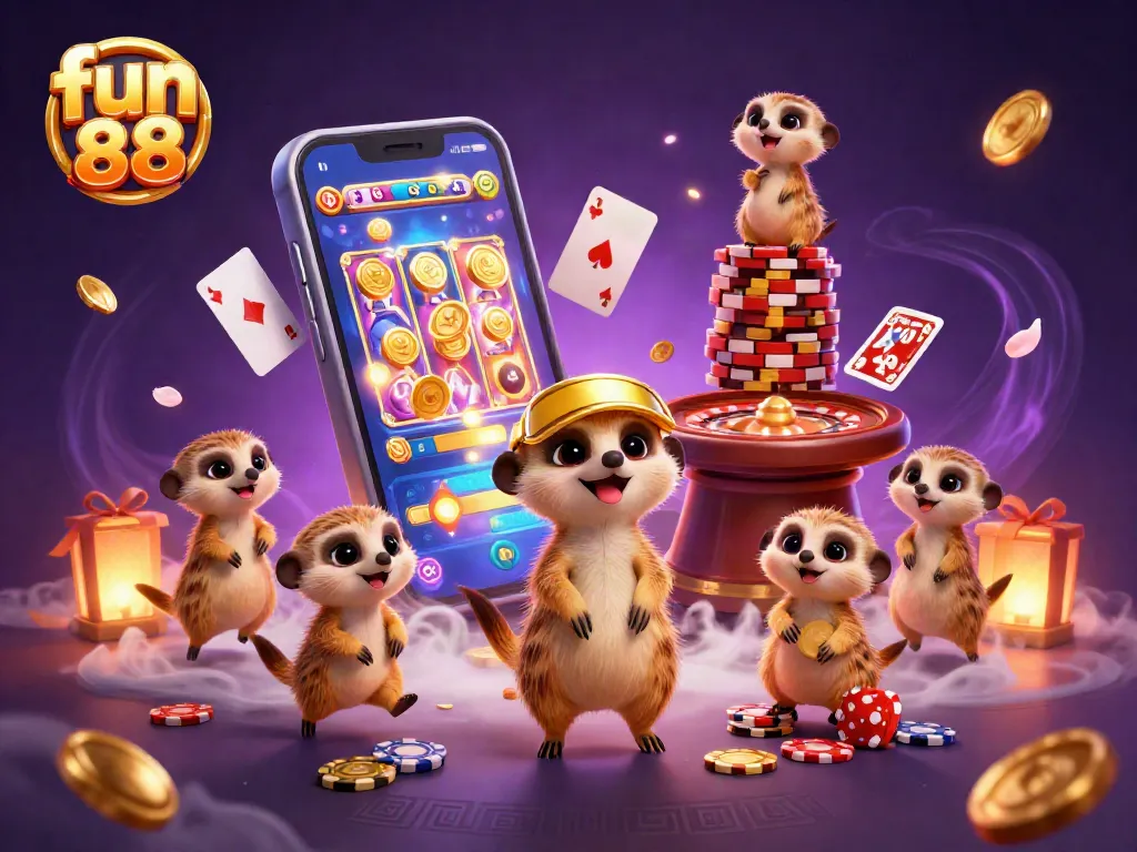 Experience fun 88's excitement with meerkats operating a vibrant 3D casino scene.