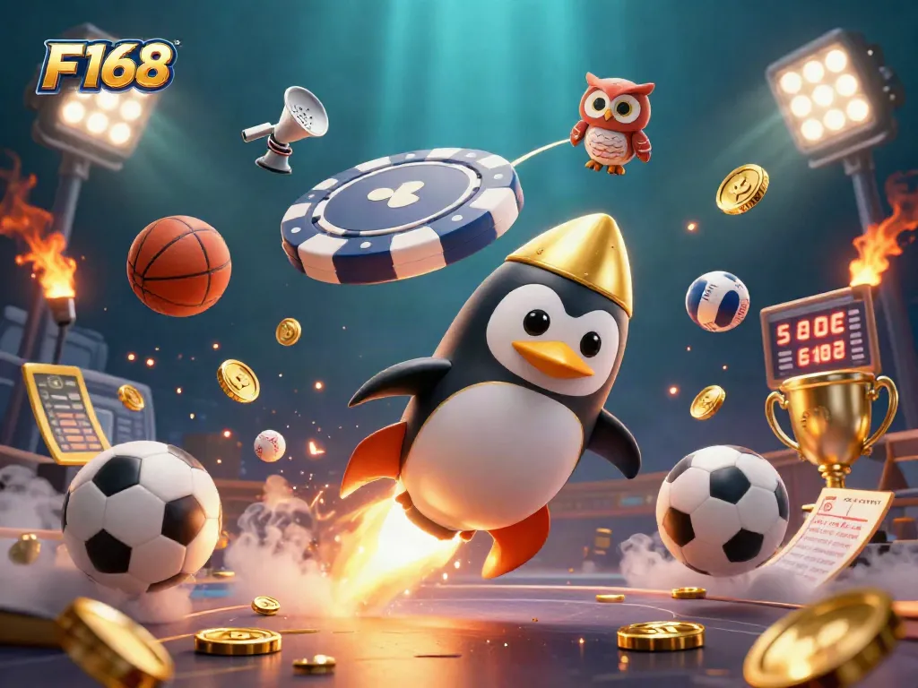 Experience F168's gaming excitement with a 3D illustration of a golden penguin and casino elements.