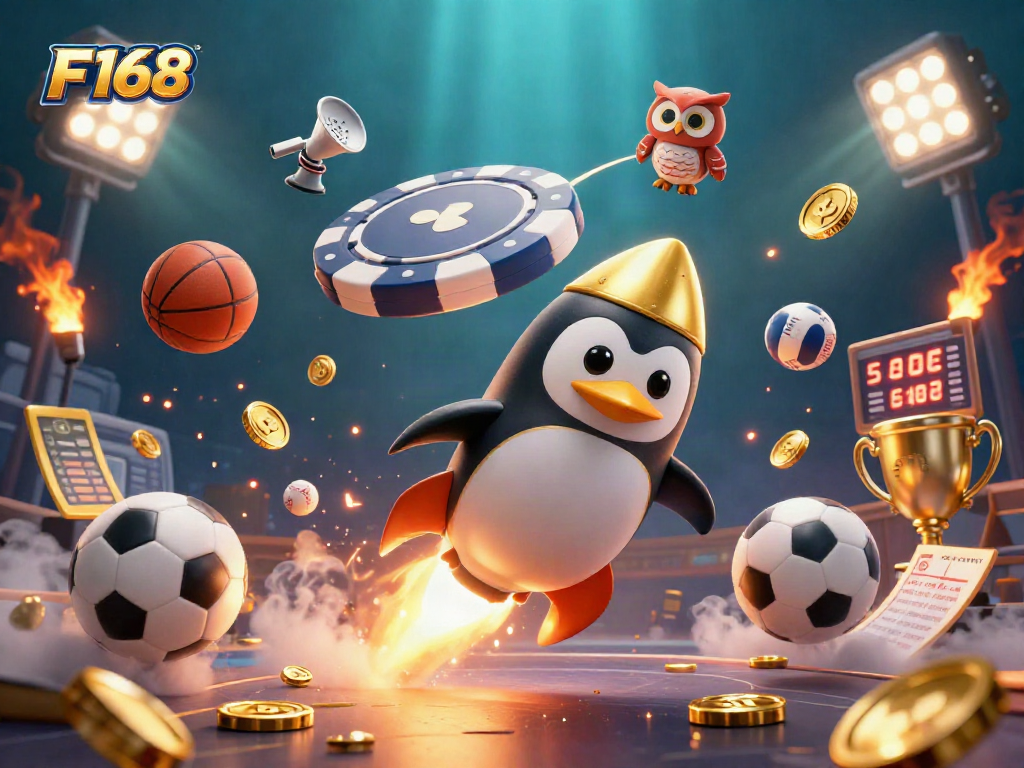 Experience F168's gaming excitement with a 3D illustration of a golden penguin and casino elements.