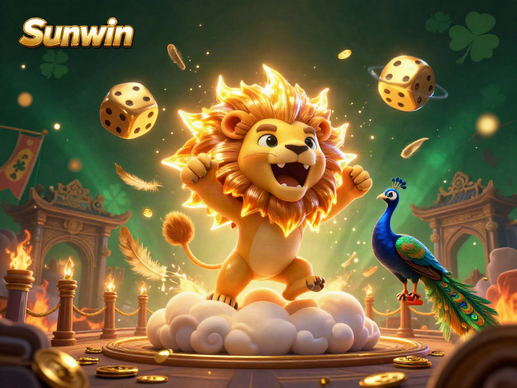 Experience the excitement of Sunwin with a 3D cartoon lion roaring amidst a vibrant casino scene.