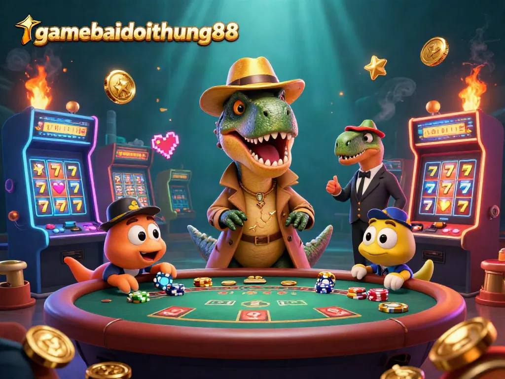 gamebaidoithuong88 showcases a crafty velociraptor card counter at a vibrant casino scene