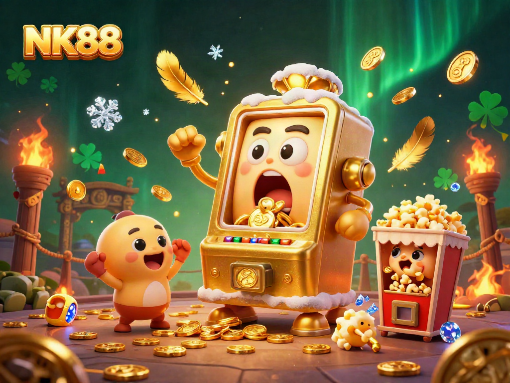 NK88 ignites excitement as a golden slot machine hits a jackpot amidst sparkling coins and cheering machines.