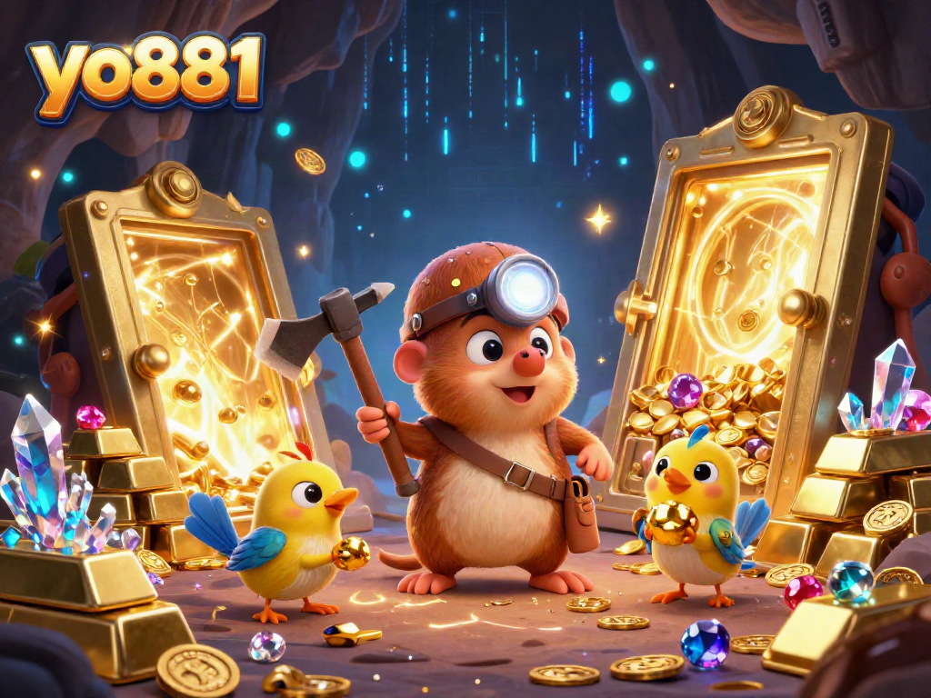 Engage in thrilling treasure hunting adventures with yo881 as a cartoon mole discovers riches in a glowing cave.