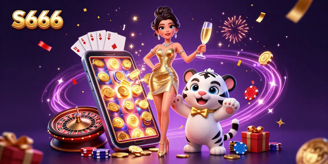 S666 showcases thrilling casino excitement with a glamorous lady and a lucky tiger cub amidst vibrant gaming elements.