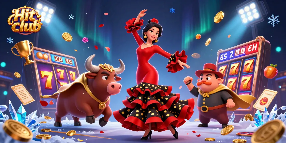 Hit club showcases an exhilarating scene with a glamorous flamenco dancer, jackpot slots, and dynamic casino elements.