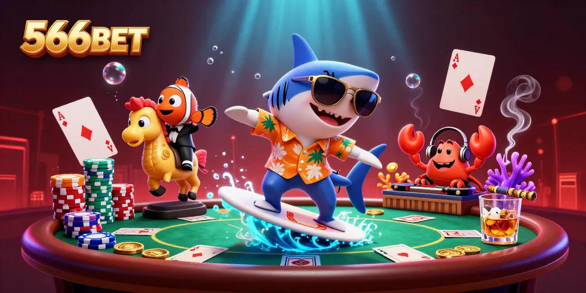 Engage with 566BET's thrilling atmosphere, featuring a playful shark amidst gold coins and poker action.